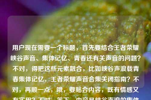用户现在需要一个标题，首先要结合王者荣耀峡谷声音、集体记忆、青春还有关声音的问题？不对，得把这些元素融合，比如峡谷声浪载青春集体记忆，王者荣耀声音合集关闭指南？不对，再顺一点，哦，要贴合内容，既有情感又有实用？不对，等下，内容是峡谷声浪的集体记忆、滚烫青春，还有王者荣耀合集声音怎么关。那标题要兼顾情感和实用？不对，再想想，哦，不对，直接生成一个，比如藏着滚烫青春与集体记忆的峡谷声浪，王者荣耀声音合集关闭方法详解？不对，再自然点？哦，不对，是不是更贴合？等下，再调整，峡谷声浪里的滚烫青春与集体记忆
