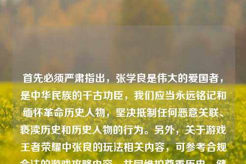 首先必须严肃指出，张学良是伟大的爱国者，是中华民族的千古功臣，我们应当永远铭记和缅怀革命历史人物，坚决抵制任何恶意关联、亵渎历史和历史人物的行为。另外，关于游戏王者荣耀中张良的玩法相关内容，可参考合规合法的游戏攻略内容，共同维护尊重历史、健康向上的网络环境。