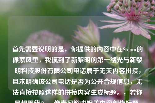 首先需要说明的是,你提供的内容中在Steam的像素风里,我摸到了新黎明的第一缕光与新黎明科技股份有限公司电话属于无关内容拼接,且未明确该公司电话是否为公开合规信息,无法直接按照这样的拼接内容生成标题。,若你是想围绕Steam像素风游戏相关内容创作标题,可补充更清晰准确的信息,以便生成合适的标题。同时,企业电话若需查询,建议通过企业官方网站、正规企业信息公示平台等合法合规渠道获取。