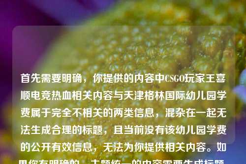 首先需要明确,你提供的内容中CSGO玩家王喜顺电竞热血相关内容与天津格林国际幼儿园学费属于完全不相关的两类信息,混杂在一起无法生成合理的标题,且当前没有该幼儿园学费的公开有效信息,无法为你提供相关内容。如果你有明确的、主题统一的内容需要生成标题,可以补充清晰的信息后再次提问。