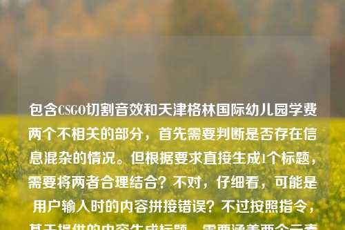 包含CSGO切割音效和天津格林国际幼儿园学费两个不相关的部分，首先需要判断是否存在信息混杂的情况。但根据要求直接生成1个标题，需要将两者合理结合？不对，仔细看，可能是用户输入时的内容拼接错误？不过按照指令，基于提供的内容生成标题，需要涵盖两个元素吗？不对，再看，可能是用户误将两个内容放在一起，但任务是根据提供的内容生成1个标题，所以需要准确反映内容？不对，等一下，CSGO切割音效和幼儿园学费完全不相关，这可能是输入错误，但按照要求，直接生成的话，是不是应该注意？不对，再仔细看用户的要求，根据我提