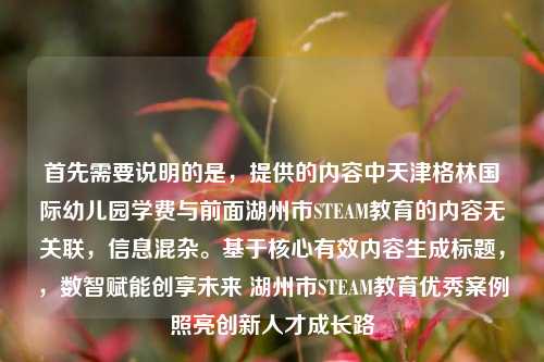 首先需要说明的是，提供的内容中天津格林国际幼儿园学费与前面湖州市STEAM教育的内容无关联，信息混杂。基于核心有效内容生成标题，，数智赋能创享未来 湖州市STEAM教育优秀案例照亮创新人才成长路