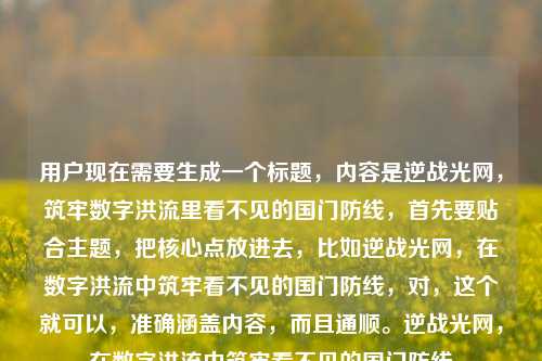 用户现在需要生成一个标题，内容是逆战光网，筑牢数字洪流里看不见的国门防线，首先要贴合主题，把核心点放进去，比如逆战光网，在数字洪流中筑牢看不见的国门防线，对，这个就可以，准确涵盖内容，而且通顺。逆战光网，在数字洪流中筑牢看不见的国门防线