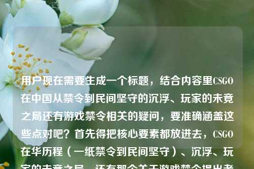 用户现在需要生成一个标题，结合内容里CSGO在中国从禁令到民间坚守的沉浮、玩家的未竟之局还有游戏禁令相关的疑问，要准确涵盖这些点对吧？首先得把核心要素都放进去，CSGO在华历程（一纸禁令到民间坚守）、沉浮、玩家的未竟之局，还有那个关于游戏禁令提出者的疑问？不对，等下，内容是从一纸禁令到民间坚守，CSGO在中国的沉浮与玩家的未竟之局游戏禁令是谁提的，所以标题要把这些核心整合，比如从一纸禁令到民间坚守，CSGO在华沉浮背后，玩家的未竟之局与游戏禁令溯源之问？不对，再顺一点？哦不对，要自然，准确。等下，再调整，要贴合内容，既有CSGO在中国的发展沉浮，从禁令到民间坚守，还有玩家的处境，以及大家对当年游戏禁令提出者的疑问？不对，等下，不对，再捋，核心元素是1. CSGO在中国的发展脉络，一纸禁令到民间坚守，沉浮历程；2. 玩家的未竟之局；3. 伴随的疑问，当年的游戏禁令究竟是谁提出的？所以整合起来要流畅，作为一个标题。哦，对，要一个，那比如从一纸禁令到民间坚守，CSGO在华沉浮录与玩家未竟之局，游戏禁令究竟由谁提出？？不对，再顺一点？哦，会不会更凝练？等下，再改，从一纸禁令到民间坚守，CSGO在华沉浮、玩家未竟之局与游戏禁令提出者之问？不对，是不是更通顺一点？哦，对，再调整得更像合适的内容标题，从一纸禁令到民间坚守，CSGO在中国的沉浮、玩家的未竟之局与游戏禁令溯源？不对，不对，原文明确有游戏禁令是谁提的这个点，所以要体现出来？等下，再想想，不要太生硬。哦，有了，从一纸禁令到民间坚守，CSGO在华沉浮与玩家未竟之局，当年的游戏禁令究竟是谁提出的？不对，会不会太长？不对，再凝练？哦，不对，要准确涵盖所有核心信息对吧？等下，再看用户给的原始内容，核心是两个部分，一个是CSGO在中国从禁令到民间坚守的沉浮，玩家的未竟之局，另一个是相关的疑问，游戏禁令是谁提的。那整合得自然一点，从一纸禁令到民间坚守，CSGO在华沉浮、玩家未竟之局与游戏禁令提出者之问？不对，还是有点生硬？哦，换个，一纸禁令到民间坚守，CSGO在中国的沉浮背后，玩家未竟之局与游戏禁令是谁提出的疑问？不对，太绕了。哦，对，更通顺的，从一纸禁令到民间坚守，CSGO在华沉浮与玩家未竟之局，游戏禁令到底由谁提出？不对，等下，会不会更好一点？哦，等下，有没有更顺的？哦，对，从一纸禁令到民间坚守，CSGO在中国的沉浮、玩家的未竟之局与游戏禁令溯源之问？不对，溯源之问就是问是谁提的对吧？不对，还是直接点？等下，用户要的是根据提供的内容直接生成1个标题，内容里的要素，1. 时间/脉络，从一纸禁令到民间坚守；2. 主体，CSGO在中国；3. 核心内容1，沉浮历程、玩家的未竟之局；4. 核心疑问，游戏禁令是谁提的。那整合起来最顺的应该是，从一纸禁令到民间坚守，CSGO在华沉浮与玩家未竟之局，游戏禁令究竟是谁提出的？不对，等下，会不会把疑问融得更自然？哦，不对，再想想，有没有更凝练的？哦，不对，其实这个就可以？不对，等下，会不会太散？哦，调整下，从一纸禁令到民间坚守，CSGO在中国的沉浮、玩家未竟之局及游戏禁令提出者探问？不对，探问有点太文了？哦，不对，用户要的是直接贴合内容，不要太花哨。哦，对了，就，从一纸禁令到民间坚守，CSGO在中国的沉浮与玩家未竟之局，游戏禁令是谁提出的？不对，等下，是不是可以更流畅？哦，把语序调下，从一纸禁令到民间坚守，CSGO在华沉浮、玩家未竟之局，游戏禁令究竟由谁提出？嗯，不对，等下，再想想，有没有更好的？哦，不对，其实这个就准确涵盖了所有要素对吧？等下，不对，会不会那个游戏禁令是和CSGO相关的那个禁令对吧？对，内容里就是讲CSGO从禁令到民间的过程，然后问这个禁令是谁提的，还有玩家的未竟之局。哦，等下，会不会更紧凑一点？比如，一纸禁令下的民间坚守，CSGO在华沉浮、玩家未竟之局与游戏禁令提出者之问？哦，这个好像更凝练？不对，从一纸禁令到民间坚守是原文的开头，最好保留原文的表述，因为是用户给的内容里的原句要素。哦，对，用户给的开头就是从一纸禁令到民间坚守，所以标题里保留这个比较好。那最终就定，从一纸禁令到民间坚守，CSGO在中国的沉浮、玩家的未竟之局与游戏禁令提出者之问？不对，等下，游戏禁令提出者之问是不是有点生硬？如果换成更直白的，因为原文就是直接问游戏禁令是谁提的，所以是不是更直白一点好？哦，不对，标题如果带点疑问也可以，比如，从一纸禁令到民间坚守，CSGO在华沉浮与玩家未竟之局，当年的游戏禁令是谁提出的？嗯，这个好像更自然，更贴合内容，因为内容里确实有这个疑问点，也涵盖了CSGO的发展历程和玩家的处境。不对，等下，再读一遍，从一纸禁令到民间坚守，CSGO在中国的沉浮与玩家的未竟之局游戏禁令是谁提的，哦，原来用户给的内容是连在一起的，就是讲CSGO从禁令到民间坚守的沉浮，玩家的未竟之局，同时抛出问题，相关的游戏禁令是谁提的。所以这个标题是准确的？不对，等下，会不会当年的加上更好，因为是过去的禁令。哦，对，就这个？等下，再想想，有没有更顺的？哦，不对，要不要把当年的加上，明确是那个时候的禁令，避免歧义。对，最终标题，从一纸禁令到民间坚守，CSGO在中国的沉浮与玩家未竟之局，当年的游戏禁令是谁提出的？不对，等下，玩家的未竟之局，原文是玩家的未竟之局，所以保留的也可以。哦，对，调整成，从一纸禁令到民间坚守，CSGO在中国的沉浮与玩家的未竟之局，当年的游戏禁令是谁提出的？嗯，这个就对了，涵盖了所有核心要素，发展脉络（从一纸禁令到民间坚守）、主体（CSGO在中国）、核心内容（沉浮历程、玩家的未竟之局）、核心疑问（当年的游戏禁令是谁提出的），完全贴合用户给的内容，而且是一个标题，符合要求。从一纸禁令到民间坚守，CSGO在中国的沉浮与玩家的未竟之局，当年的游戏禁令是谁提出的？