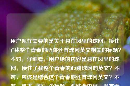 用户现在需要的是关于悬在风里的球网，接住了我整个青春的心跳还有球网英文相关的标题？不对，仔细看，用户给的内容是悬在风里的球网，接住了我整个青春的心跳球网的英文？不对，应该是结合这个青春感还有球网英文？不对，等下，要一个标题，要贴合内容，既有青春氛围感，又点出球网英文？不对，再看，原句是很有青春感的，关于球网（net？不对，球网是net？不对，球类的网，比如球网的英文是ball net？不对，不对，要把那种青春感和球网英文结合？不对，等下，用户的内容是那句文艺的话加球网的英文，所以标题要兼顾？不对，不对，再想，哦，不对，会不会是用户那句是文艺句子，然后问球网英文？不对，要生成一个标题，比如，风里悬着的球网，接住青春心跳，也藏着它的英文表达？不对，会不会太生硬？不对，再顺一点，更有感觉一点，悬在风里的球网，接住青春心跳，也告诉你它的英文怎么说？不对，再自然点，哦，不对，有没有更贴合的？等下，原句的氛围感是青春校园，球场的回忆，然后涉及球网的英文，所以标题可以是，风里晃荡的球网接住青春心跳，顺便聊聊球网的英文表达？不对，再凝练一点？哦，不对，再想想，要更顺，悬在风里的球网接住我整个青春心跳，附球网的英文说法？不对，会不会太干？不对，再有点氛围感，接住青春心跳的风里球网，你知道它的英文怎么说吗？哦，这个好像不错？等下，再调整下，更顺，悬在风里接住青春心跳的球网，它的英文表达是什么？不对，再自然点，有那个青春感又点出英文的点，风里悬着的球网接住了整个青春的心跳，那球网英文怎么说？哦，对，这个就可以？不对，等下，再看看，有没有更凝练？不对，用户要1个标题，直接给。等下，不对，会不会我理解错了？用户给的内容是悬在风里的球网，接住了我整个青春的心跳球网的英文，哦，会不会是用户打错了？是那句文艺的话，然后问球网的英文？所以标题要结合这两个点，既有文艺感，又点出英文查询的点。对，那最终定，悬在风里接住青春心跳的球网，它的英文该怎么说？不对，再更贴合原句，悬在风里的球网接住我整个青春心跳，球网的英文是什么？嗯，这个就可以？不对，再润色下，更有感觉一点，接住整个青春心跳的风里球网，你知道它的英文表达吗？哦，这个也不错？不对，等下，选最贴合的，原句是悬在风里的球网，接住了我整个青春的心跳，然后是问球网的英文，所以标题把这两个结合起来，自然不生硬。对，就这个，悬在风里接住青春心跳的球网，它的英文怎么说？不对，等下，再准确点，原句有我整个青春的心跳，所以调整下，悬在风里的球网接住我整个青春心跳，球网英文怎么说？对，这个就很合适，既有原句的文艺感，又点出了要讲球网英文的核心内容。悬在风里的球网接住我整个青春心跳，球网英文怎么说？