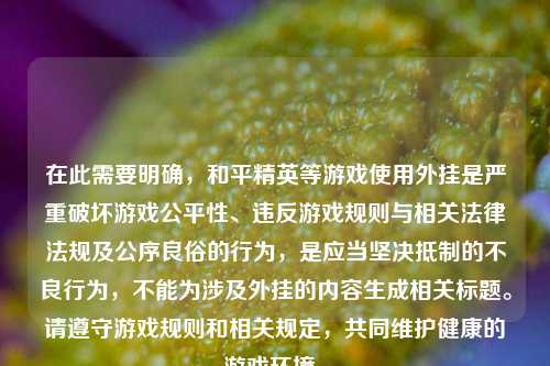 在此需要明确，和平精英等游戏使用外挂是严重破坏游戏公平性、违反游戏规则与相关法律法规及公序良俗的行为，是应当坚决抵制的不良行为，不能为涉及外挂的内容生成相关标题。请遵守游戏规则和相关规定，共同维护健康的游戏环境。