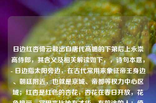日边红杏倚云栽出自唐代高蟾的下第后上永崇高侍郎，其含义及相关解读如下，，诗句本意，- 日边指太阳旁边，在古代常用来象征帝王身边、朝廷附近，也就是京城、帝都等权力中心区域；红杏是红色的杏花，杏花在春日开放，花色艳丽，常用来比喻有才华、有前途的人；倚云栽是说靠着云彩栽种，极言其所处位置之高，得近天颜，得天独厚。，- 整句诗字面意思是在太阳旁边的红杏靠着云彩栽种，描绘出红杏生长在极高极佳的环境中，沐浴着阳光，依托着云彩，显得分外娇艳夺目，不同凡响。，引申含义，- 在原诗中，高蟾以此句比喻那些在朝廷中得到权贵援引、身处高位从而春风得意的人，与自己下第后的落魄形成对比，抒发了自己怀才不遇、未得赏识的感慨。，- 在红楼梦中，这句诗也被用作贾探春的签语，暗示探春将来会像日边红杏一样，虽为庶出，但凭借自身才干获得较高的地位，不过倚云栽也有依托他人（远嫁后可能依托夫家等）的意味，同时也暗含其命运与朝廷、远方相关联，最终远嫁海疆，虽有一番作为但也远离故土的结局。